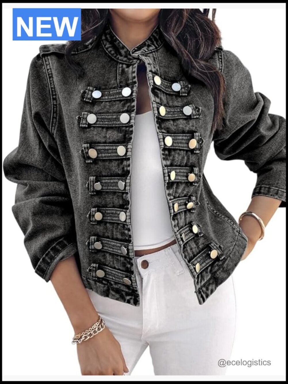 Button Up Denim Jacket Stand Collar Long Sleeve Lightweight Casual Coat